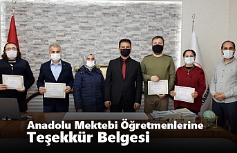 Anadolu Mektebi Öğretmenlerine Teşekkür Belgesi